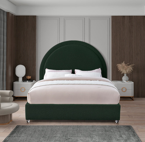 MiloGreen-F Milo Collection Modern | Contemporary Boucle Fabric Upholstered Bed with Brass Nailheads and Brass Cap on Legs, 59" W x 81.5" D x 56" H, Green, Full