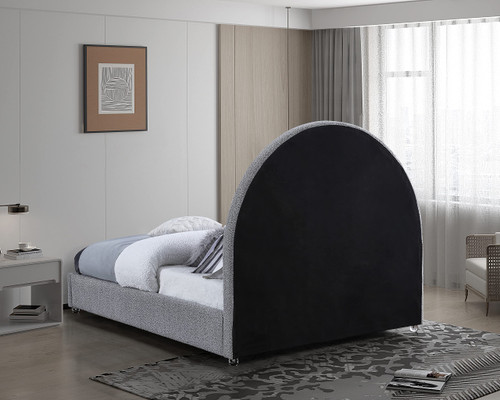 MiloGrey-F Milo Collection Modern | Contemporary Boucle Fabric Upholstered Bed with Brass Nailheads and Brass Cap on Legs, 59" W x 81.5" D x 56" H, Grey, Full