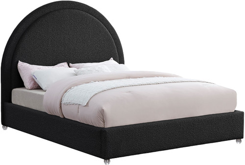 MiloBlack-Q Milo Collection Modern | Contemporary Boucle Fabric Upholstered Bed with Brass Nailheads and Brass Cap on Legs, 64.5" W x 86.5" D x 56" H, Black, Queen