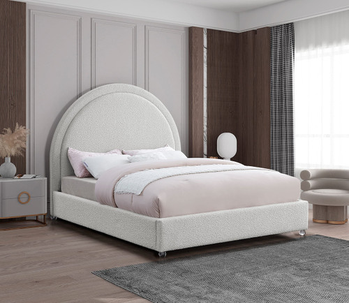 MiloCream-Q Milo Collection Modern | Contemporary Boucle Fabric Upholstered Bed with Brass Nailheads and Brass Cap on Legs, 64.5" W x 86.5" D x 56" H, Cream, Queen