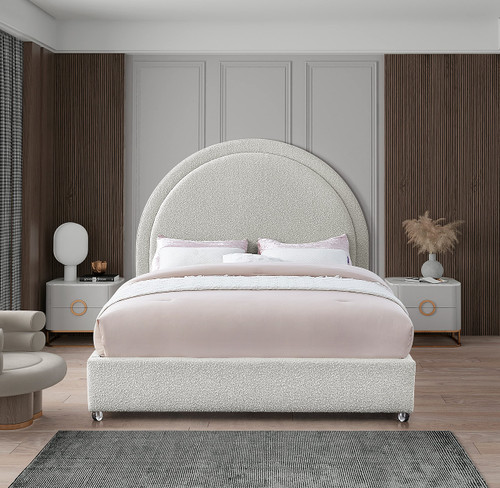 MiloCream-Q Milo Collection Modern | Contemporary Boucle Fabric Upholstered Bed with Brass Nailheads and Brass Cap on Legs, 64.5" W x 86.5" D x 56" H, Cream, Queen