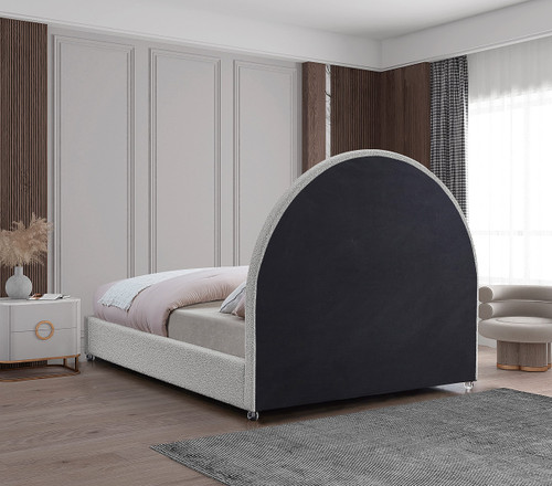 MiloCream-K Milo Collection Modern | Contemporary Boucle Fabric Upholstered Bed with Brass Nailheads and Brass Cap on Legs, 80.5" W x 86.5" D x 64" H, Cream, King