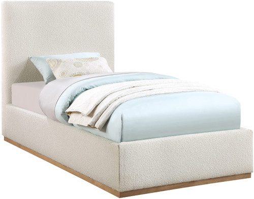 MonacoCream-T Monaco Collection Modern | Contemporary Boucle Fabric Upholstered Twin Bed withSolid Wood Natural Wire Brush Finish, 43.5" W x 82.5" D x 52" H, Cream, Twin
