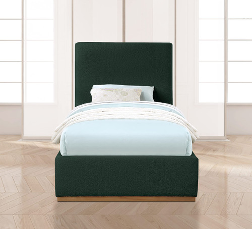 MonacoGreen-T Monaco Collection Modern | Contemporary Boucle Fabric Upholstered Twin Bed with Solid Wood Natural Wire Brush Finish, 43.5" W x 82.5" D x 52" H, Green, Twin