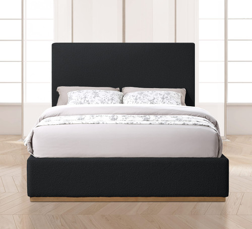 MonacoBlack-F Monaco Collection Modern | Contemporary Boucle Fabric Upholstered Full Bed with Solid Wood Natural Wire Brush Finish, 58.5" W x 82.5" D x 52" H, Black, Full