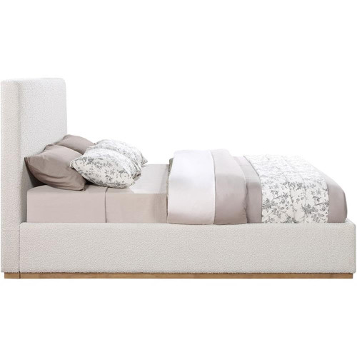 MonacoCream-F Monaco Collection Modern | Contemporary Boucle Fabric Upholstered Full Bed with Solid Wood Natural Wire Brush Finish, 58.5" W x 82.5" D x 52" H, Cream, Full