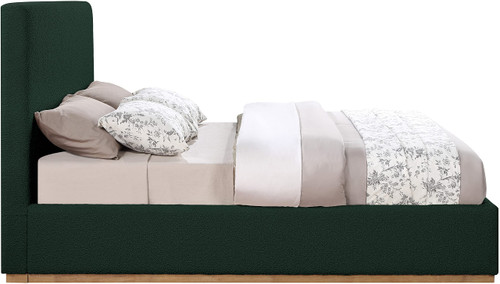 MonacoGreen-Q Monaco Collection Modern | Contemporary Boucle Fabric Upholstered Queen Bed with Solid Wood Natural Wire Brush Finish, 65.5" W x 87.5" D x 52" H, Green, Queen