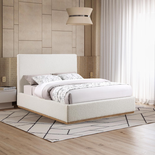 MonacoCream-K Monaco Collection Modern | Contemporary Boucle Fabric Upholstered King Bed with Solid Wood Natural Wire Brush Finish, 81.5" W x 87.5" D x 52" H, Cream, King