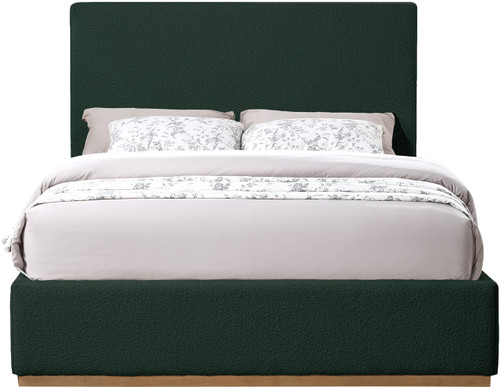 MonacoGreen-K Monaco Collection Modern | Contemporary Boucle Fabric Upholstered King Bed with Solid Wood Natural Wire Brush Finish, 87.5" W x 81.5" D x 52" H, Green, King