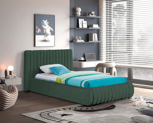 NashGreen-T Nash Collection Modern | Contemporary Boucle Fabric Upholstered Twin Bed with Rich Green Boucle Fabric and Deep Channel Tufting, 53" W x 86" D x 38" H, Green, Twin