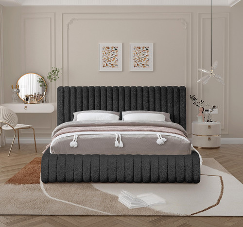 NashBlack-F Nash Collection Modern | Contemporary Boucle Fabric Upholstered Full Bed with Rich Black Boucle Fabric and Deep Channel Tufting, 68" W x 86" D x 38" H, Black, Full