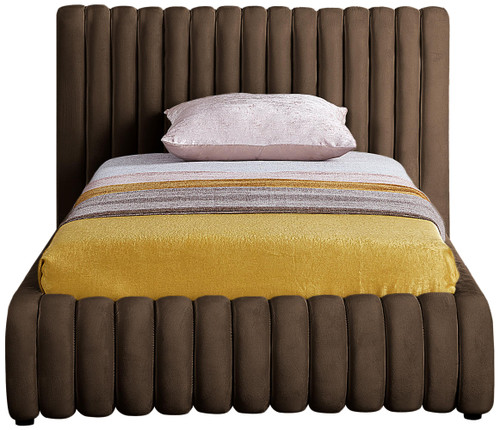 NicoBrown-T Nico Collection Modern | Contemporary Velvet Upholstered Twin Bed with Rich Brown Velvet and Deep Channel Tufting, 53" W x 86" D x 38" H, Brown, Twin