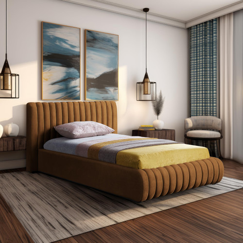 NicoSaddle-T Nico Collection Modern | Contemporary Velvet Upholstered Twin Bed with Rich Saddle Velvet and Deep Channel Tufting, 53" W x 86" D x 38" H, Saddle, Twin