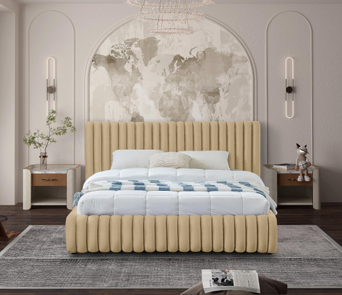 NicoCamel-Q Nico Collection Modern | Contemporary Velvet Upholstered Queen Bed with Rich Camel Velvet and Deep Channel Tufting, 74" W x 91" D x 38" H, Camel, Queen