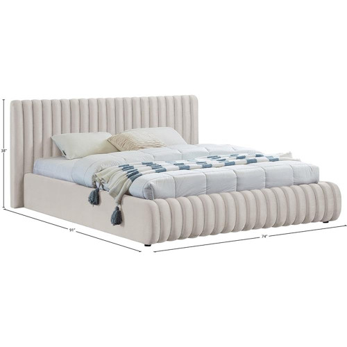 NicoCream-Q Nico Collection Modern | Contemporary Velvet Upholstered Queen Bed with Rich Cream Velvet and Deep Channel Tufting, 74" W x 91" D x 38" H, Cream, Queen