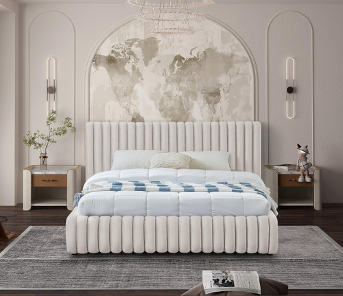 NicoCream-Q Nico Collection Modern | Contemporary Velvet Upholstered Queen Bed with Rich Cream Velvet and Deep Channel Tufting, 74" W x 91" D x 38" H, Cream, Queen