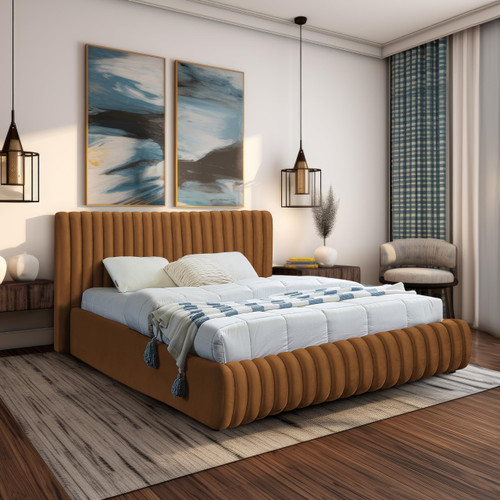 NicoSaddle-Q Nico Collection Modern | Contemporary Velvet Upholstered Queen Bed with Rich Saddle Velvet and Deep Channel Tufting, 74" W x 91" D x 38" H, Saddle, Queen
