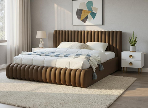 NicoBrown-K Nico Collection Modern | Contemporary Velvet Upholstered King Bed with Rich Brown Velvet and Deep Channel Tufting, 89" W x 91" D x 38" H, Brown, King