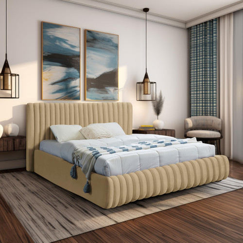NicoCamel-K Nico Collection Modern | Contemporary Velvet Upholstered King Bed with Rich Camel Velvet and Deep Channel Tufting, 89" W x 91" D x 38" H, Camel, King