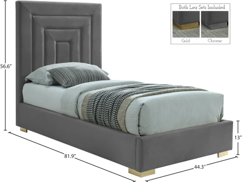 NoraGrey-T Nora Collection Modern | Contemporary Velvet Upholstered Bed with Deep Channel Tufting and Both Gold and Chrome Legs Included, 44.3" W x 81.9" D x 56.6" H, Grey, Twin