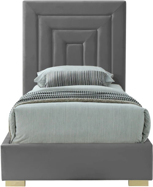 NoraGrey-T Nora Collection Modern | Contemporary Velvet Upholstered Bed with Deep Channel Tufting and Both Gold and Chrome Legs Included, 44.3" W x 81.9" D x 56.6" H, Grey, Twin