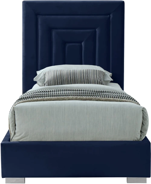 NoraNavy-T Nora Collection Modern | Contemporary Velvet Upholstered Bed with Deep Channel Tufting and Both Gold and Chrome Legs Included, 44.3" W x 81.9" D x 56.6" H, Navy, Twin