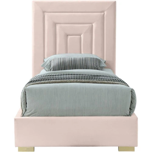 NoraPink-T Nora Collection Modern | Contemporary Velvet Upholstered Bed with Deep Channel Tufting and Both Gold and Chrome Legs Included, 44.3" W x 81.9" D x 56.6" H, Pink, Twin