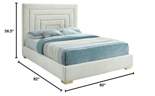 NoraCream-F Nora Collection Modern | Contemporary Velvet Upholstered Bed with Deep Channel Tufting and Both Gold and Chrome Legs Included, 60" W x 81.9" D x 56.6" H, Cream, Full