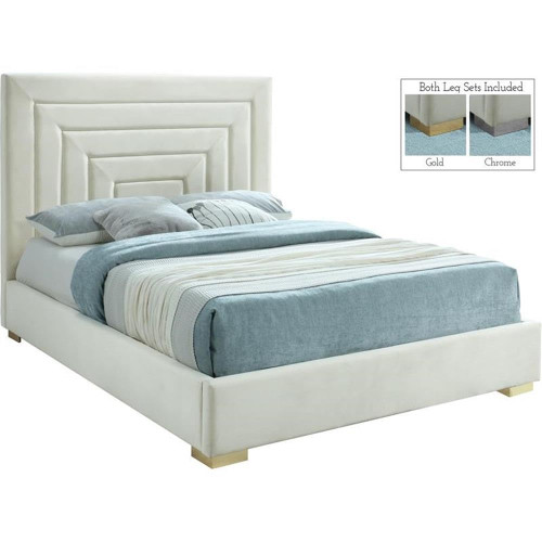 NoraCream-F Nora Collection Modern | Contemporary Velvet Upholstered Bed with Deep Channel Tufting and Both Gold and Chrome Legs Included, 60" W x 81.9" D x 56.6" H, Cream, Full