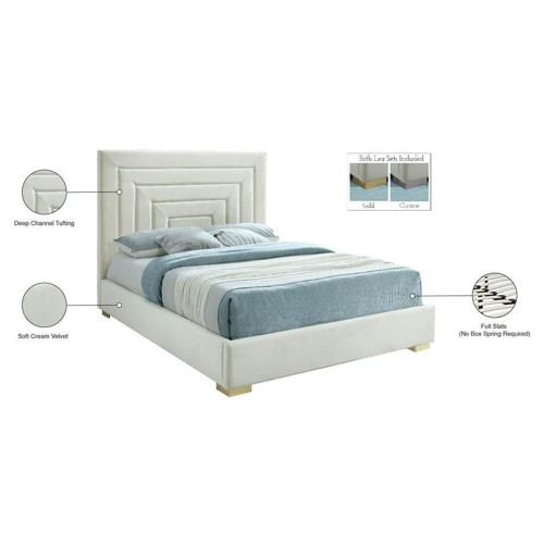 NoraCream-F Nora Collection Modern | Contemporary Velvet Upholstered Bed with Deep Channel Tufting and Both Gold and Chrome Legs Included, 60" W x 81.9" D x 56.6" H, Cream, Full