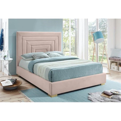 NoraPink-Q Nora Collection Modern | Contemporary Velvet Upholstered Bed with Deep Channel Tufting and Both Gold and Chrome Legs Included, 66" W x 87.4" D x 56.5" H, Pink, Queen
