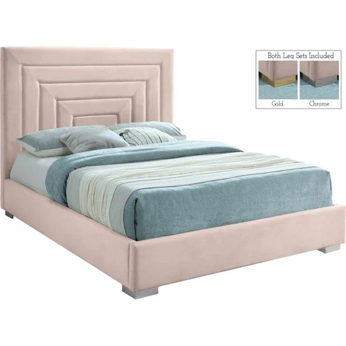 NoraPink-Q Nora Collection Modern | Contemporary Velvet Upholstered Bed with Deep Channel Tufting and Both Gold and Chrome Legs Included, 66" W x 87.4" D x 56.5" H, Pink, Queen