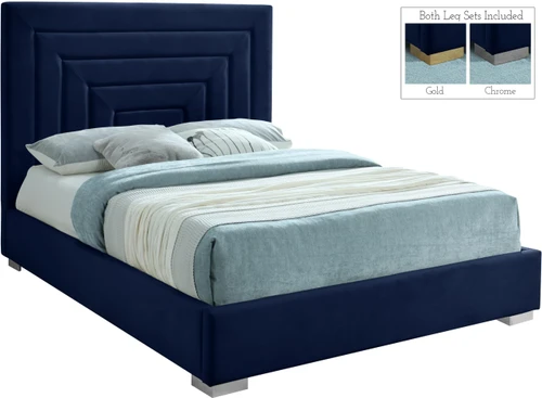NoraNavy-K Nora Collection Modern | Contemporary Velvet Upholstered Bed with Deep Channel Tufting and Both Gold and Chrome Legs Included, 81.7" W x 87.4" D x 56.6" H, Navy, King