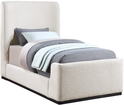 OliverCream-T Oliver Collection Modern | Contemporary Boucle Fabric Upholstered Twin Bed with Solid Wood Black Wire Brush Finish, 43.5" W x 82.5" D x 56.5" H, Cream, Twin