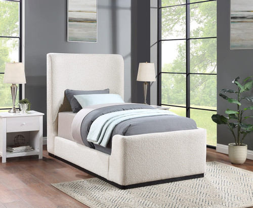 OliverCream-T Oliver Collection Modern | Contemporary Boucle Fabric Upholstered Twin Bed with Solid Wood Black Wire Brush Finish, 43.5" W x 82.5" D x 56.5" H, Cream, Twin