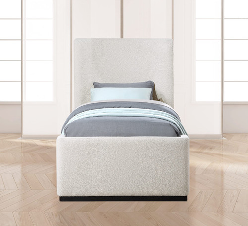 OliverCream-T Oliver Collection Modern | Contemporary Boucle Fabric Upholstered Twin Bed with Solid Wood Black Wire Brush Finish, 43.5" W x 82.5" D x 56.5" H, Cream, Twin