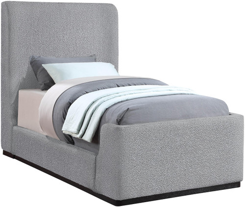 OliverGrey-T Oliver Collection Modern | Contemporary Boucle Fabric Upholstered Twin Bed with Solid Wood Black Wire Brush Finish, 43.5" W x 82.5" D x 56.5" H, Grey, Twin