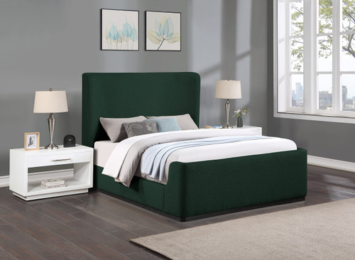 OliverGreen-Q Oliver Collection Modern | Contemporary Boucle Fabric Upholstered Queen Bed with Solid Wood Black Wire Brush Finish, 65.5" W x 87.5" D x 56.5" H, Green, Queen