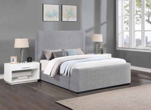 OliverGrey-Q Oliver Collection Modern | Contemporary Boucle Fabric Upholstered Queen Bed with Solid Wood Black Wire Brush Finish, 65.5" W x 87.5" D x 56.5" H, Grey, Queen