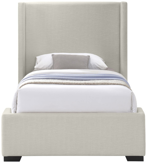 OxfordBeige-T Oxford Collection Mid-Century Modern Linen Textured Fabric Upholstered Bed with Wing Back Headboard and Espresso Wood Legs, 47.5" W x 81.5" D x 53" H, Beige, Twin
