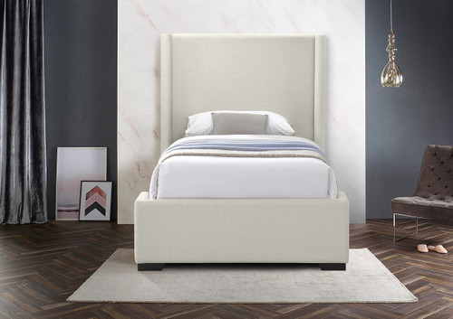 OxfordBeige-T Oxford Collection Mid-Century Modern Linen Textured Fabric Upholstered Bed with Wing Back Headboard and Espresso Wood Legs, 47.5" W x 81.5" D x 53" H, Beige, Twin