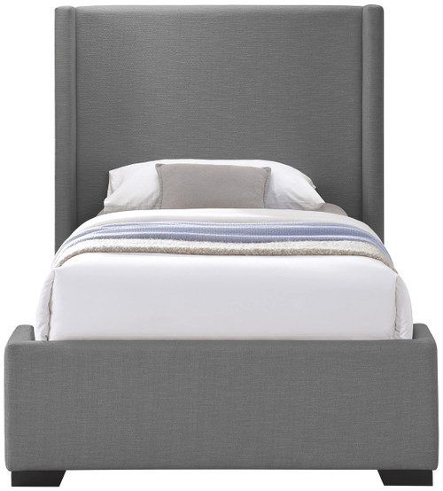 OxfordGrey-T Oxford Collection Mid-Century Modern Linen Textured Fabric Upholstered Bed with Wing Back Headboard and Espresso Wood Legs, 47.5" W x 81.5" D x 53" H, Grey, Twin