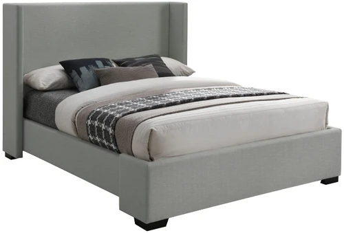 OxfordGrey-F Oxford Collection Mid-Century Modern Linen Textured Fabric Upholstered Bed with Wing Back Headboard and Espresso Wood Legs, 63" W x 81.5" D x 53" H, Grey, Full