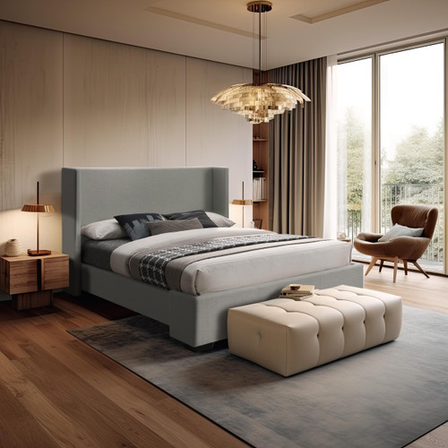 OxfordGrey-F Oxford Collection Mid-Century Modern Linen Textured Fabric Upholstered Bed with Wing Back Headboard and Espresso Wood Legs, 63" W x 81.5" D x 53" H, Grey, Full