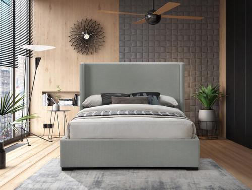 OxfordGrey-F Oxford Collection Mid-Century Modern Linen Textured Fabric Upholstered Bed with Wing Back Headboard and Espresso Wood Legs, 63" W x 81.5" D x 53" H, Grey, Full