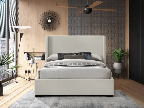 OxfordBeige-Q Oxford Collection Mid-Century Modern Linen Textured Fabric Upholstered Bed with Wing Back Headboard and Espresso Wood Legs, 69" W x 87" D x 53" H, Beige, Queen