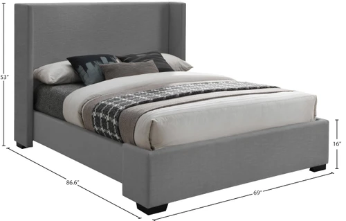 OxfordGrey-Q Oxford Collection Mid-Century Modern Linen Textured Fabric Upholstered Bed with Wing Back Headboard and Espresso Wood Legs, 69" W x 87" D x 53" H, Grey, Queen