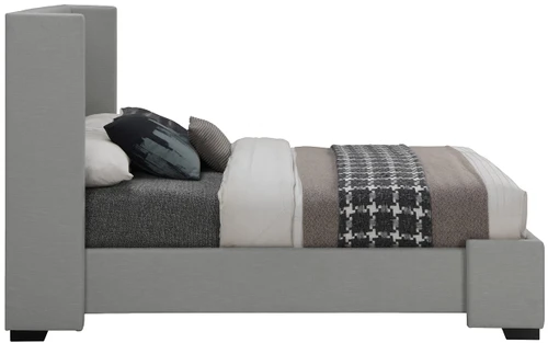 OxfordGrey-K Oxford Collection Mid-Century Modern Linen Textured Fabric Upholstered Bed with Wing Back Headboard and Espresso Wood Legs, 85" W x 87" D x 53" H, Grey, King