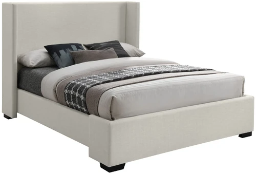 OxfordBeige-K Oxford Collection Mid-Century Modern Linen Textured Fabric Upholstered Bed with Wing Back Headboard and Espresso Wood Legs, 85" W x 87" D x 53" H, Beige, King