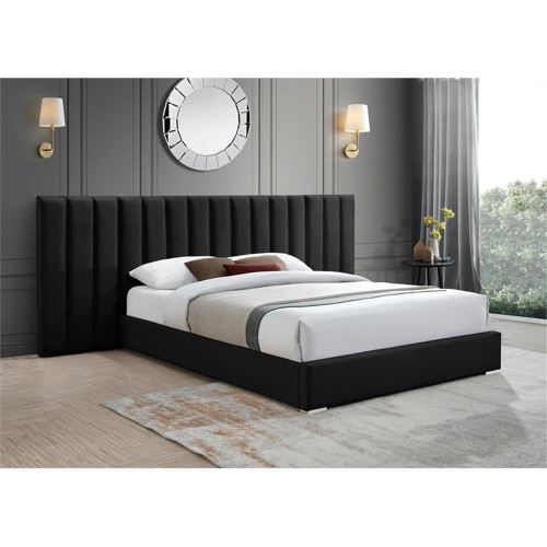 PabloBlack-Q Pablo Collection Modern | Contemporary Velvet Upholstered Bed with Deep Channel Tufting and Sturdy Chrome Metal Legs, Black, Queen, 103" W x 85.5" D x 41.5" H
